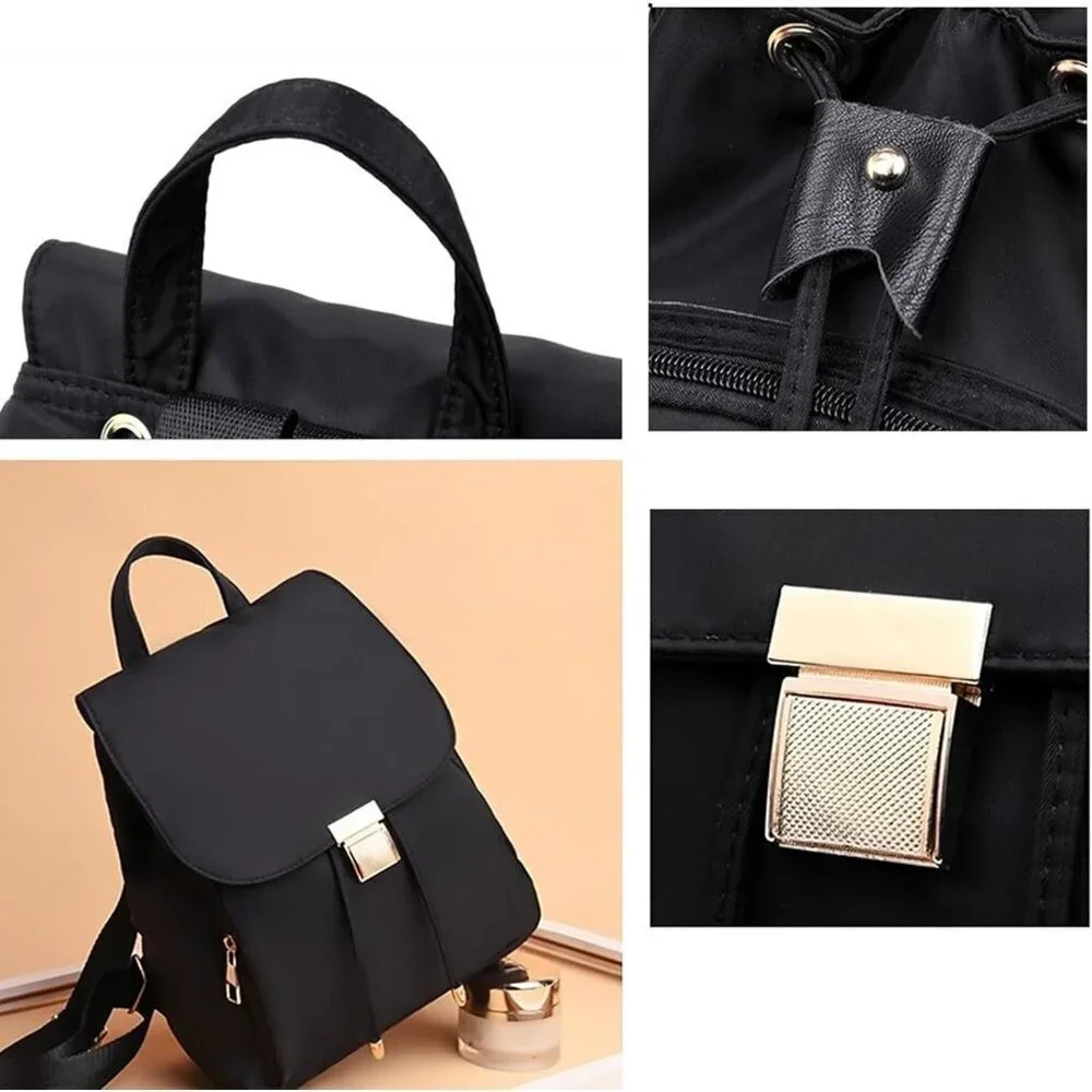 Mini Nylon Backpack for Women Lightweight Travel Purse Black Small Trendy Bag